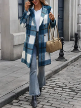 Manteau casual à carreaux à double boutonnage et manches longues pour femmes L’Art des Vêtements