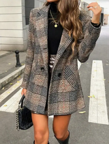 Manteau de laine pour femmes à double poche en tissu à carreaux tissé L’Art des Vêtements