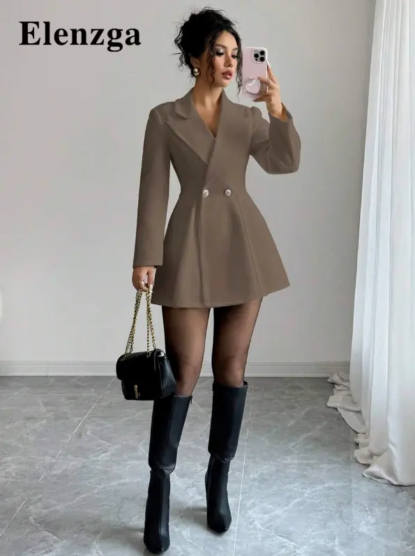 Elenzga Manteau en laine casual à double boutonnage, col cranté, manches longues pour femme L’Art des Vêtements