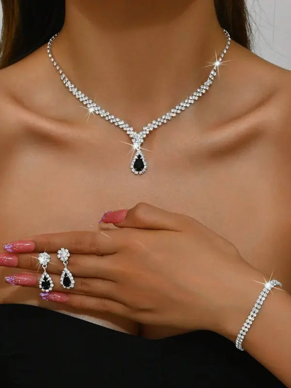 3 pièces/set Collier, boucles d'oreilles et bracelet en métal argenté et strass pour femmes L’Art des Vêtements