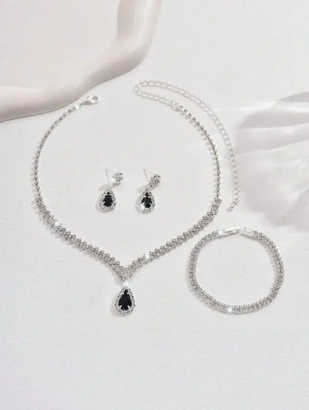 3 pièces/set Collier, boucles d'oreilles et bracelet en métal argenté et strass pour femmes L’Art des Vêtements