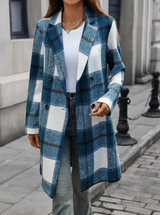 Manteau casual à carreaux à double boutonnage et manches longues pour femmes L’Art des Vêtements