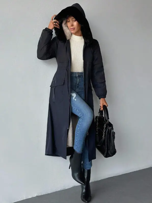 Manteau avec col amovible en fourrure et capuche doublée pour femme L’Art des Vêtements