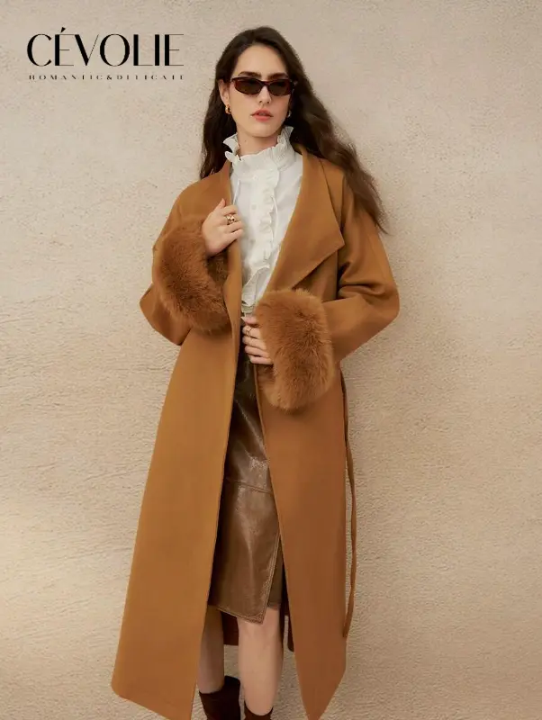 Cévolie Manteau mi-long décoré de fourrure française pour femmes L’Art des Vêtements