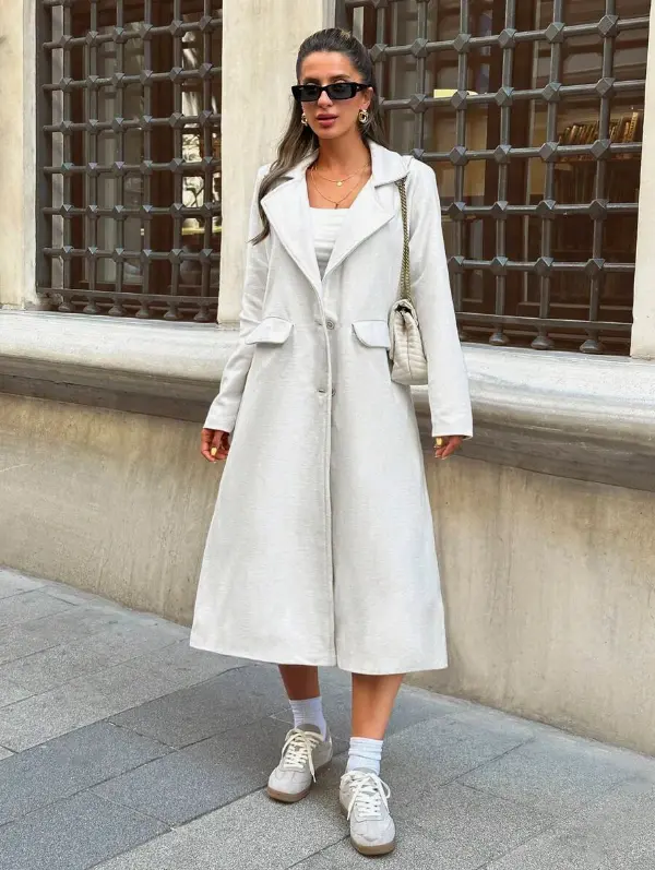 Manteau femme de couleur unie, manteau trench à boutons sur le devant, fausses poches L’Art des Vêtements