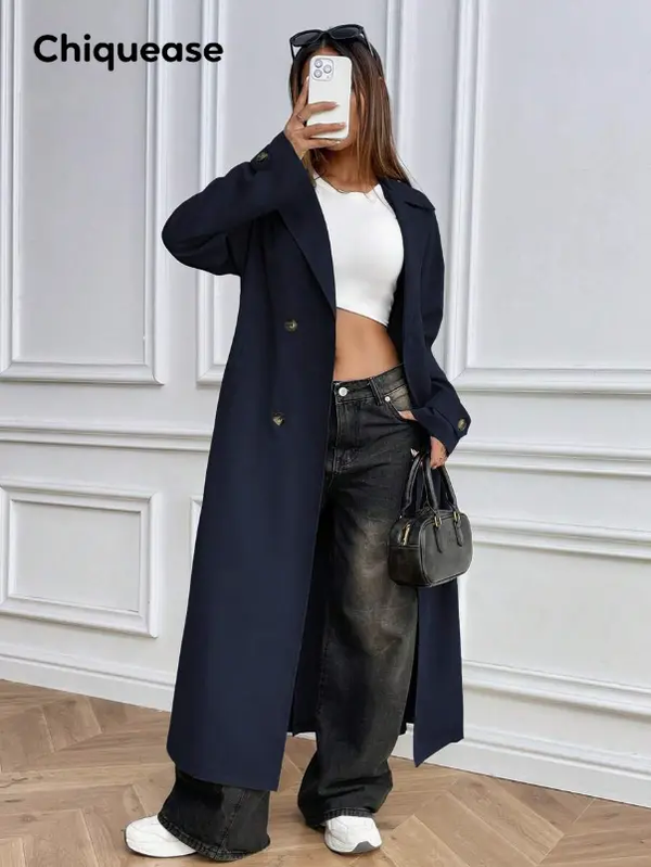 Chiquease Manteau trench long double boutonnage casual avec ceinture et col cranté pour femme L’Art des Vêtements