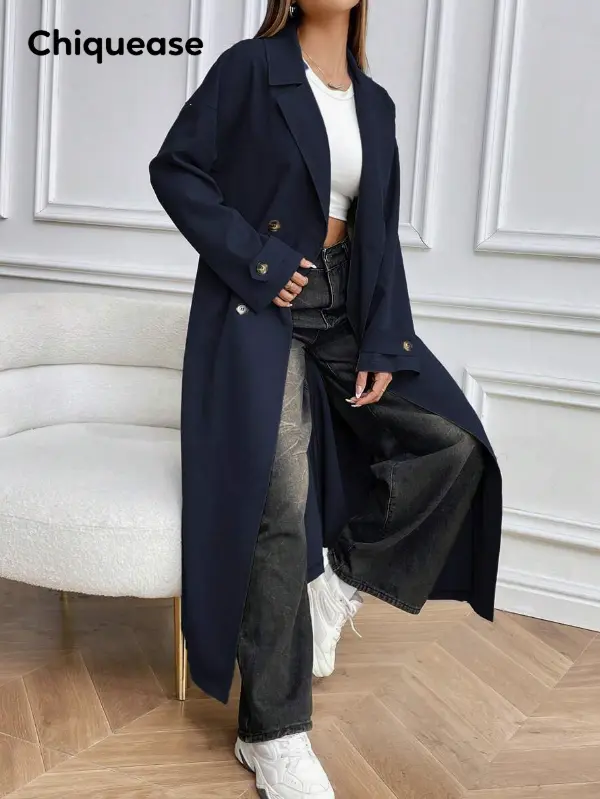 Chiquease Manteau trench long double boutonnage casual avec ceinture et col cranté pour femme L’Art des Vêtements