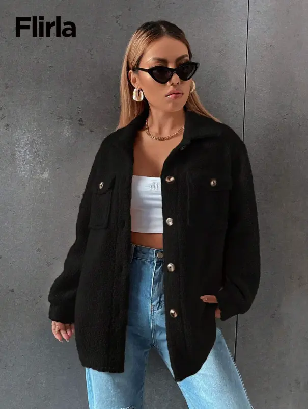 Flirla Manteau Duveteux Poche À Rabat Épaule tombante L’Art des Vêtements