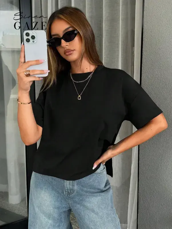 Siren Gaze T-shirt femme simple à l\"avant court et à l\"arrière long de base L’Art des Vêtements