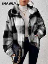 INAWLY Veste casual à carreaux et à poils longs pour femmes L’Art des Vêtements