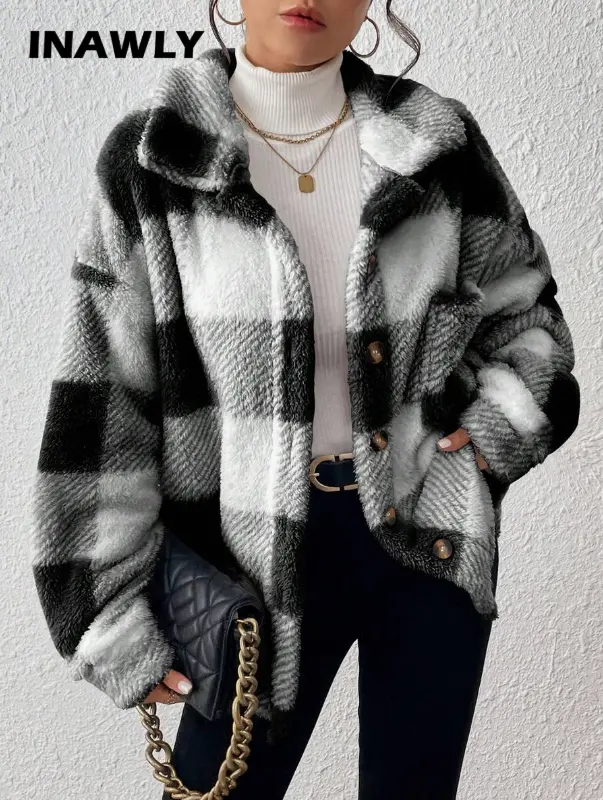 INAWLY Veste casual à carreaux et à poils longs pour femmes L’Art des Vêtements