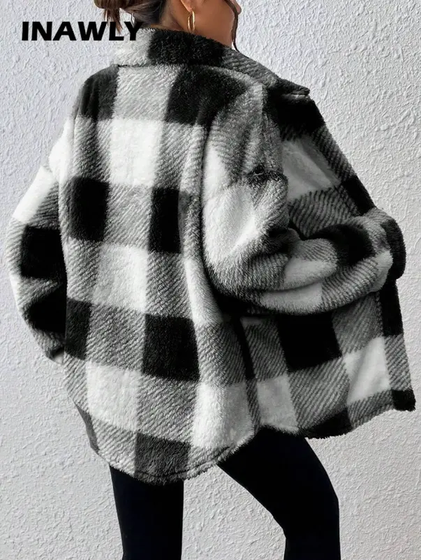 INAWLY Veste casual à carreaux et à poils longs pour femmes L’Art des Vêtements