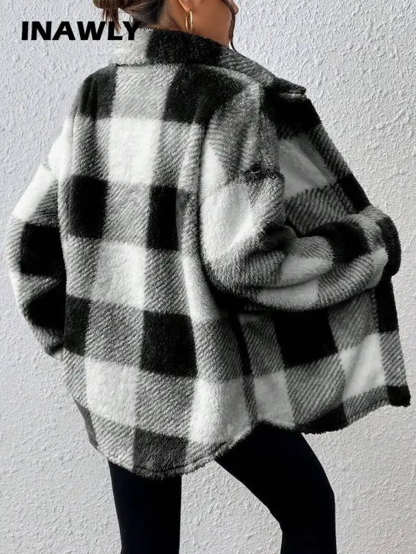 INAWLY Veste casual à carreaux et à poils longs pour femmes L’Art des Vêtements