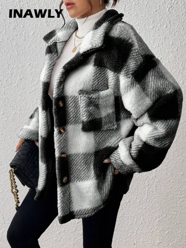 INAWLY Veste casual à carreaux et à poils longs pour femmes L’Art des Vêtements